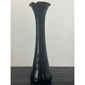 VTG Hand Blown Black Glass Slender Bud Vase 8" Flared Rim Pontil Mark Details